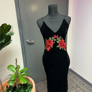 Elegant Black Dress with Red Floral Embroidery